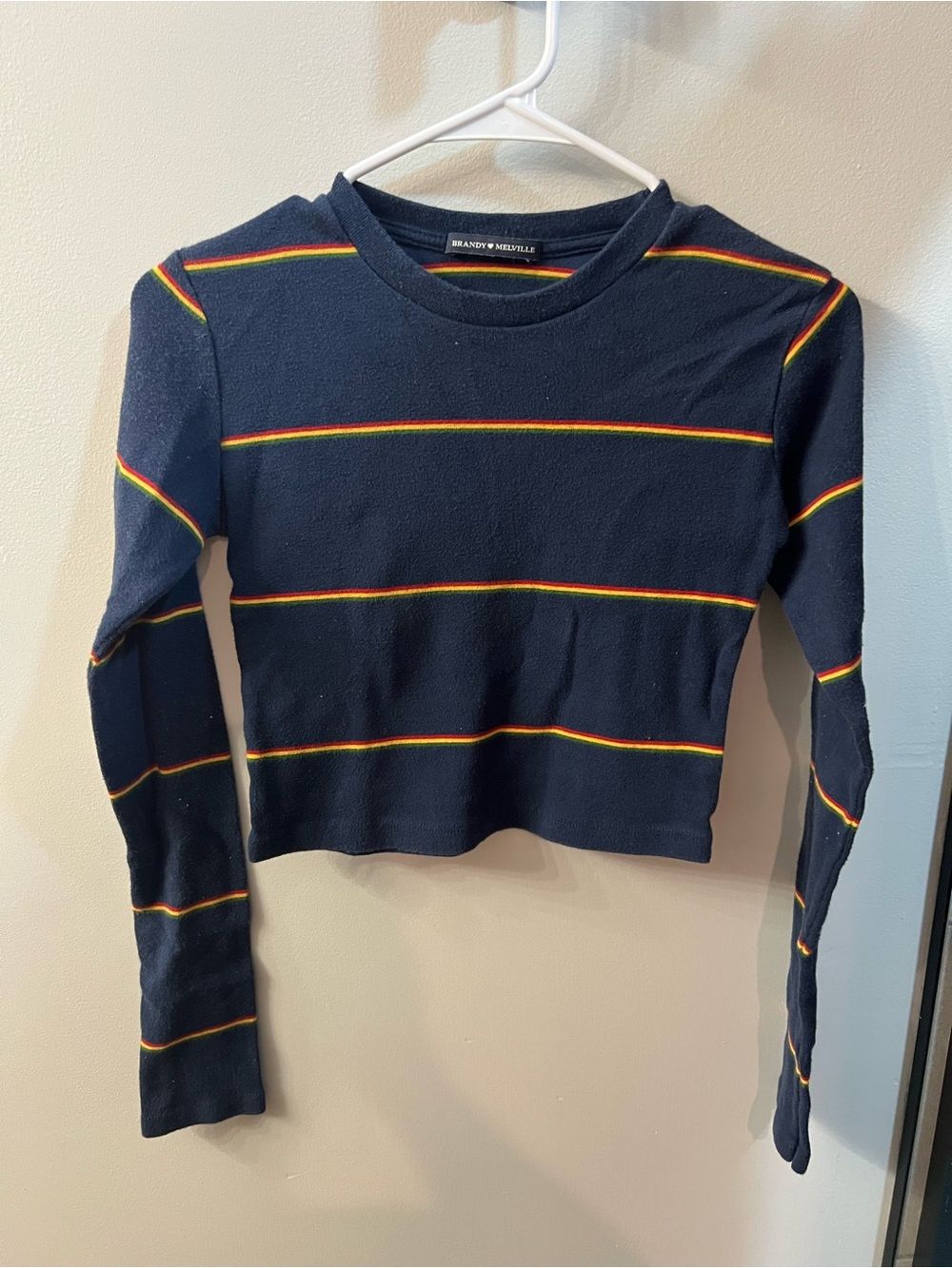 Brandy Melville Navy Cropped Crewneck with Red & Yellow Stripes